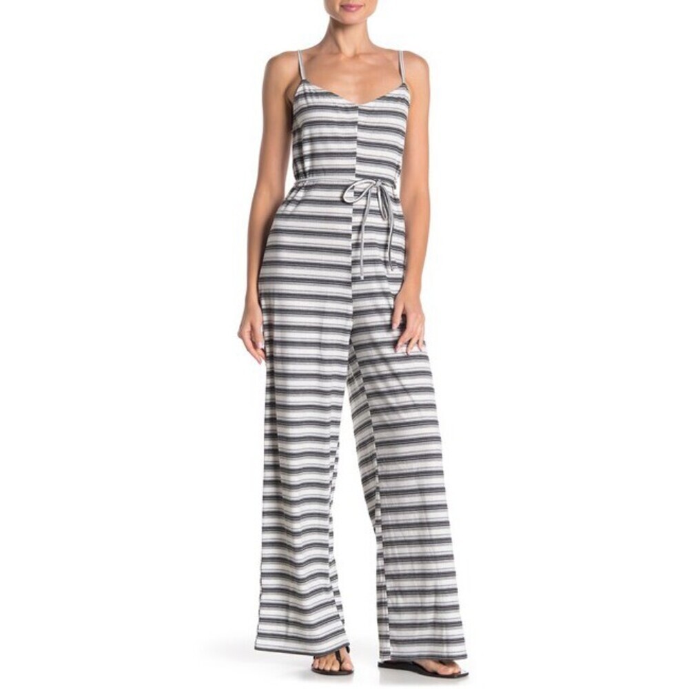 NSR Sleeveless Rib Knit Jumpsuit In White, Grey And Black Stripe Size S